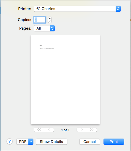 Print box for printing a document using a Mac